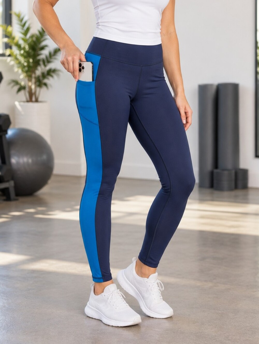 Fabletics PowerHold Leggings M Navy Colorblock Side Pockets Yoga Athleisure